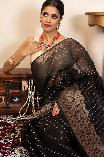 black handloom pure silk saree with elegant zari border