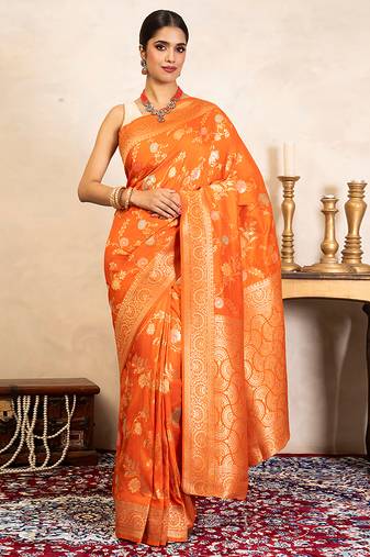 Orange handloom banarasi silk saree