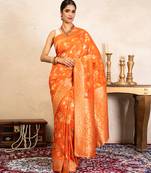 orange handloom banarasi silk saree with zari work