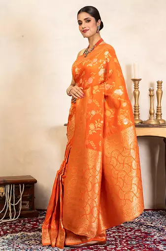 orange handloom banarasi silk saree with zari work