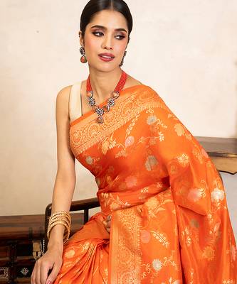Orange handloom banarasi silk saree 4