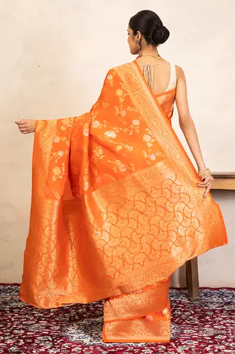 orange handloom banarasi silk saree with zari work