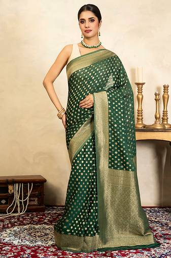 Emerald green handloom pure chiffon banarasi saree