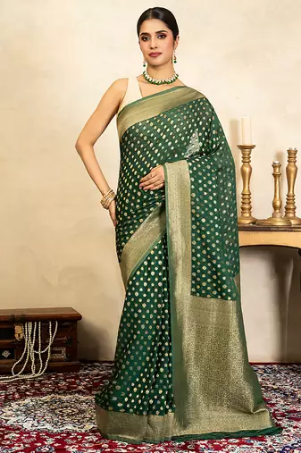 Emerald green handloom pure chiffon banarasi saree