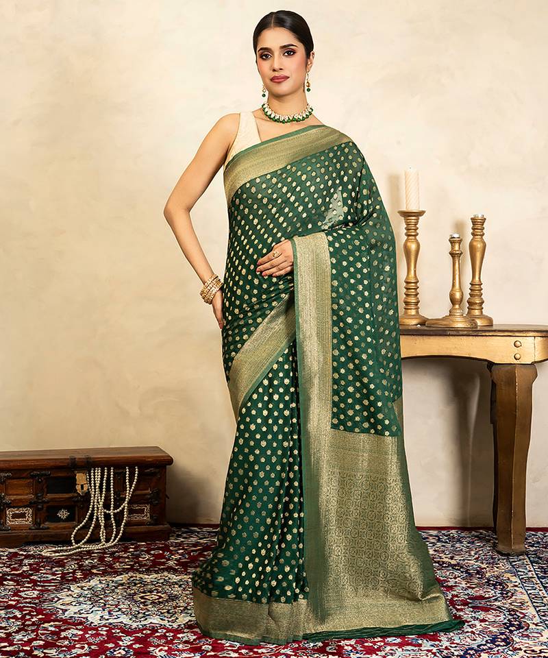 Emerald green handloom pure chiffon banarasi saree