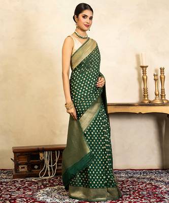 Emerald green handloom pure chiffon banarasi saree 3