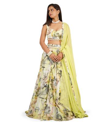 Green Leaves Digital Printed Lehenga Blouse Dupatta Set 1