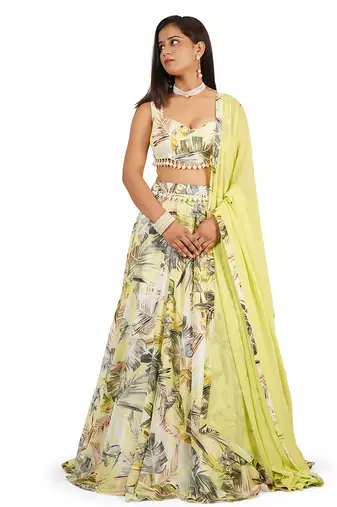 Green Leaves Digital Printed Lehenga Blouse Dupatta Set