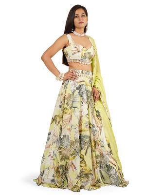Green Leaves Digital Printed Lehenga Blouse Dupatta Set 2