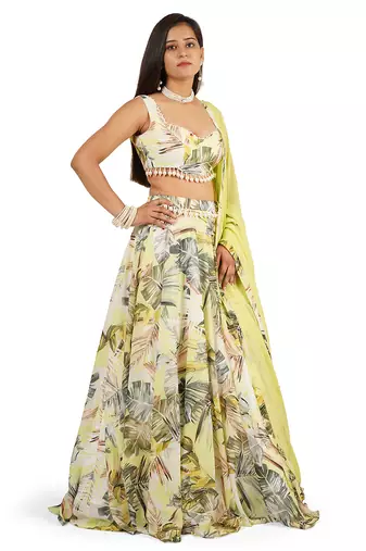 Green Leaves Digital Printed Lehenga Blouse Dupatta Set