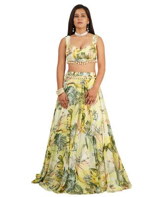 Green Leaves Digital Printed Lehenga Blouse Dupatta Set 5