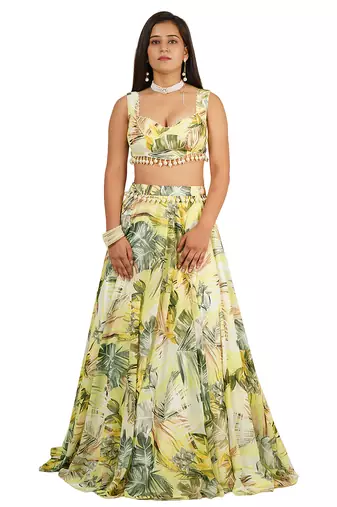 Green Leaves Digital Printed Lehenga Blouse Dupatta Set