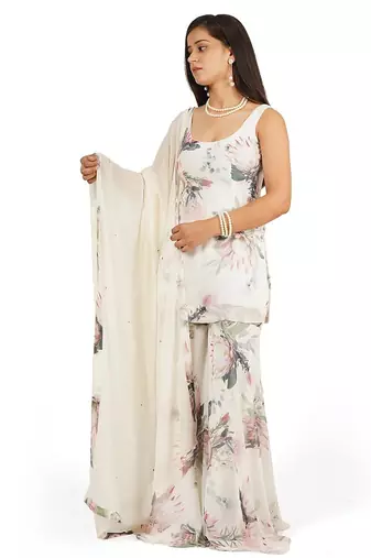 Flower digital printed kurti sharara dupatta set