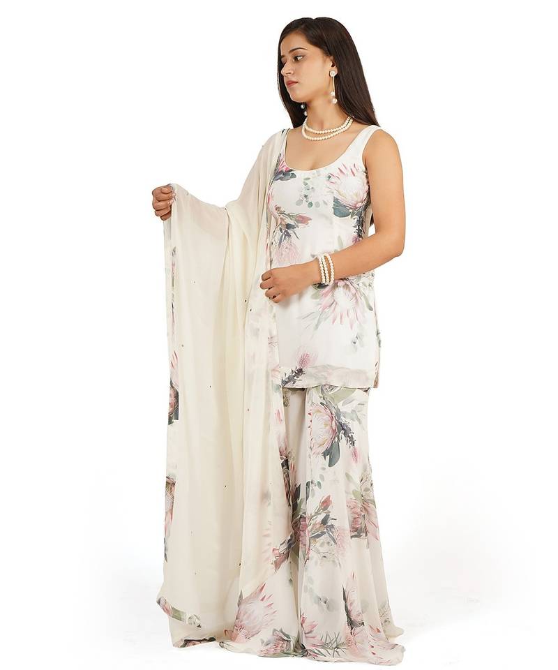 Flower digital printed kurti sharara dupatta set