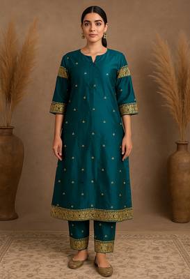 Teal woven kurta with pant 1