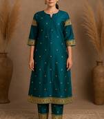 Teal woven kurta with pant