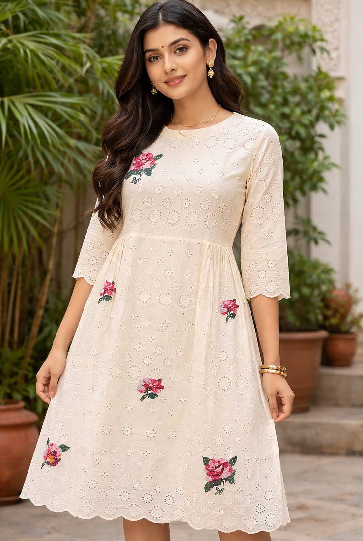 Cotton chikan work fabric with embroidery