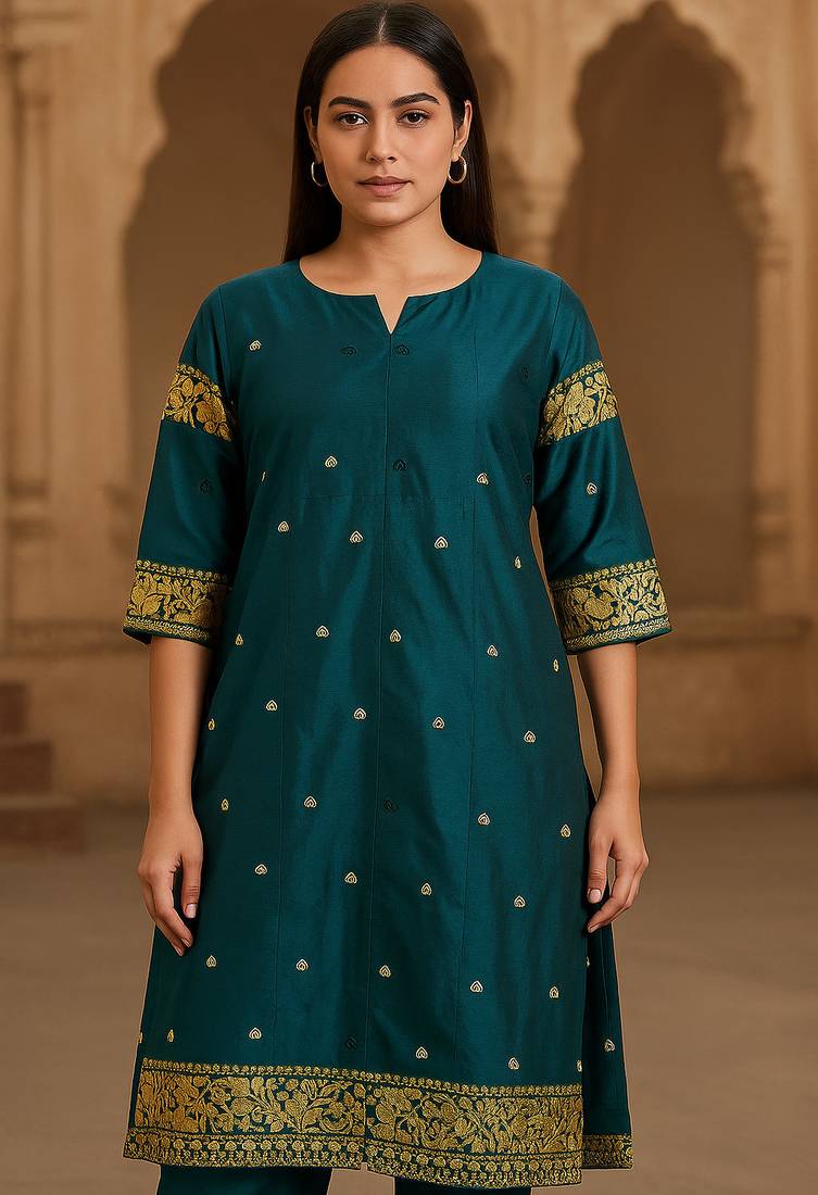 Teal woven kurta with pant