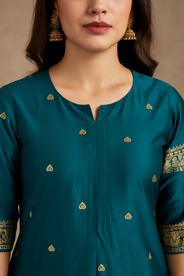 Teal woven kurta with pant 3