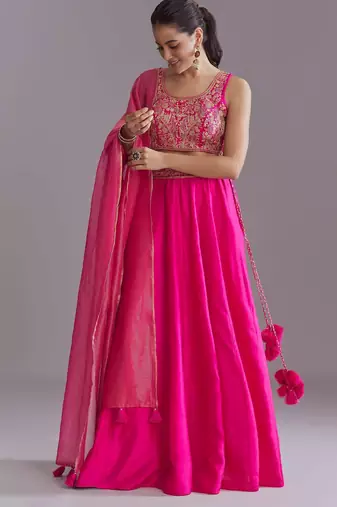 PINK EMBROIDERY WORK FLARED LEHENGA CHOLI WITH DUPATTA.