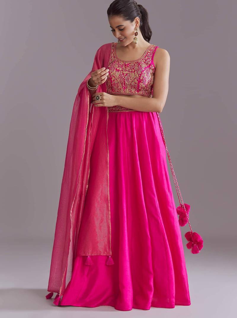 PINK EMBROIDERY WORK FLARED LEHENGA CHOLI WITH DUPATTA.