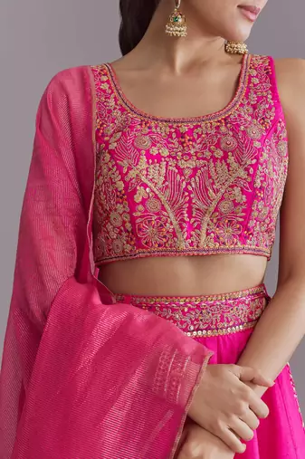 PINK EMBROIDERY WORK FLARED LEHENGA CHOLI WITH DUPATTA.