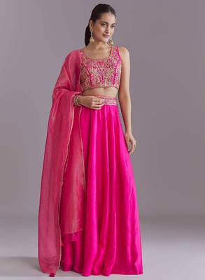 PINK EMBROIDERY WORK FLARED LEHENGA CHOLI WITH DUPATTA. 3