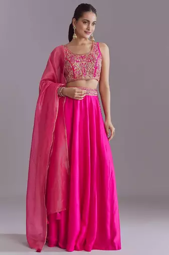 PINK EMBROIDERY WORK FLARED LEHENGA CHOLI WITH DUPATTA.