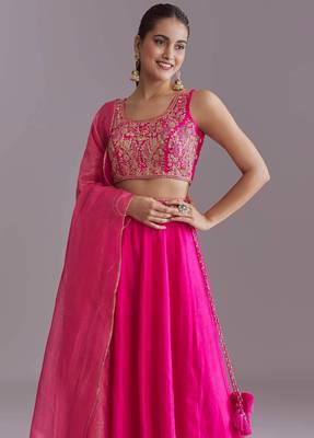 PINK EMBROIDERY WORK FLARED LEHENGA CHOLI WITH DUPATTA. 4