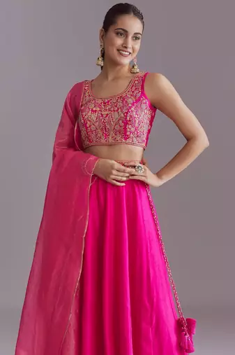 PINK EMBROIDERY WORK FLARED LEHENGA CHOLI WITH DUPATTA.