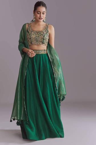 GREEN EMBROIDERY WORK FLARED LEHENGA CHOLI WITH DUPATTA.