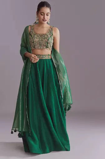GREEN EMBROIDERY WORK FLARED LEHENGA CHOLI WITH DUPATTA.