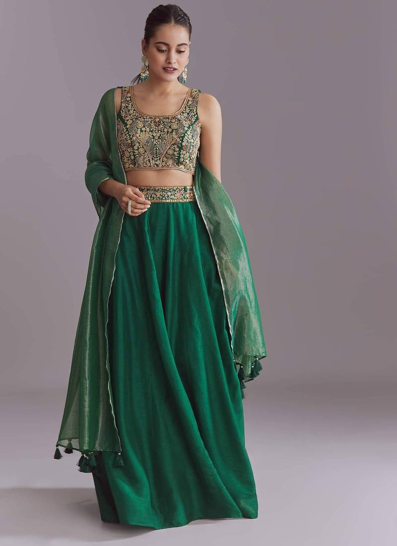 GREEN EMBROIDERY WORK FLARED LEHENGA CHOLI WITH DUPATTA.