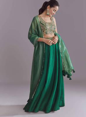 GREEN EMBROIDERY WORK FLARED LEHENGA CHOLI WITH DUPATTA. 3