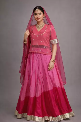 Tie Dye Gota Embellished Gulabi Lehanga With Blouse