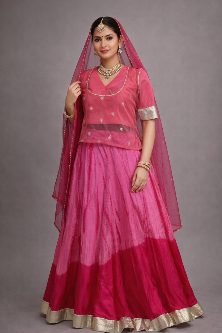 Tie Dye Gota Embellished Gulabi Lehanga With Blouse