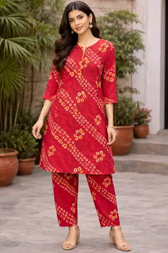 Red bandhej kurta with pant
peal embelishment on sleeves & body