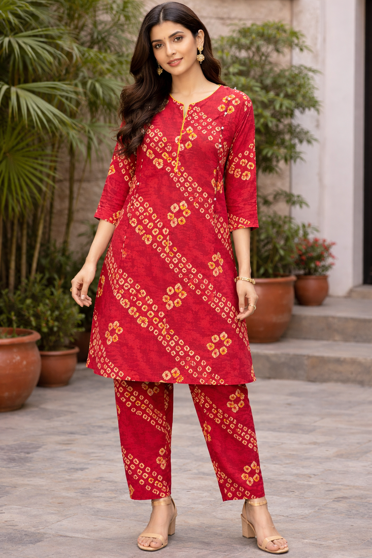 Red bandhej kurta with pant
peal embelishment on sleeves & body