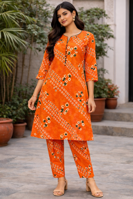 Orange bandhej kurta with pantpeal embelishment on sleeves & body 1