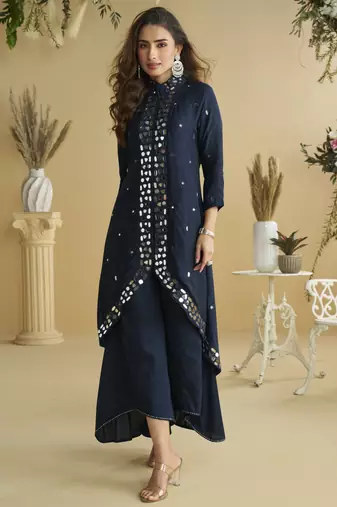 Dark blue mirror work silk semi-stitch palazzo suit