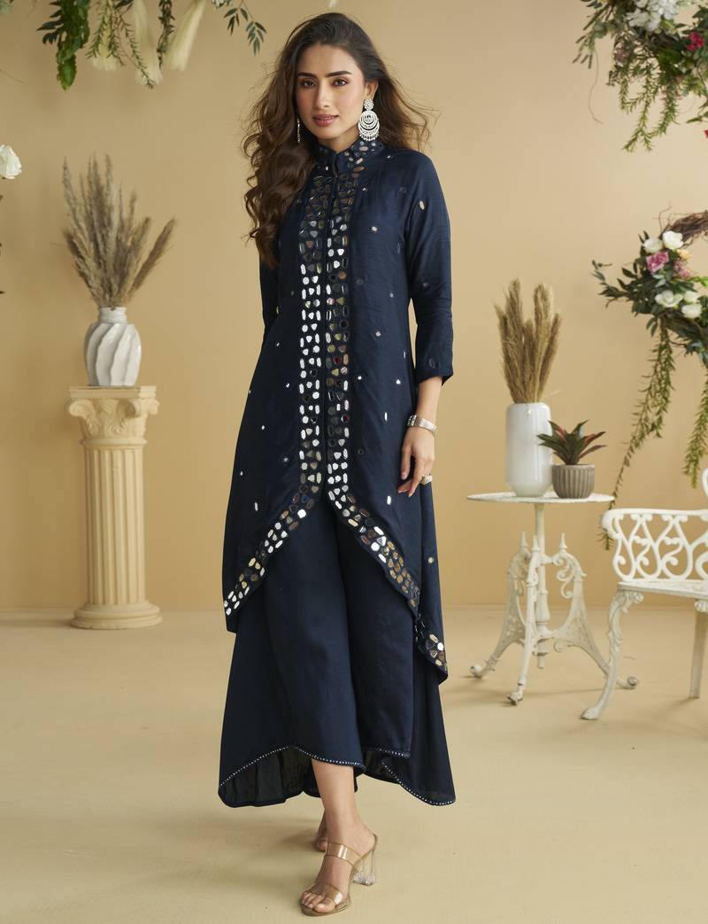 Dark blue mirror work silk semi-stitch palazzo suit