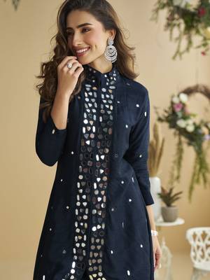 Dark blue mirror work silk semi-stitch palazzo suit 2