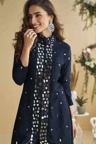 Dark blue mirror work silk semi-stitch palazzo suit