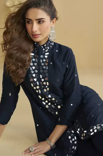Dark blue mirror work silk semi-stitch palazzo suit