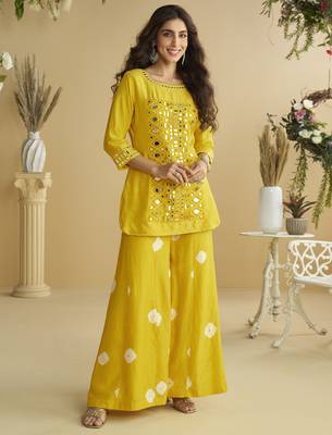 Yellow mirror work silk semi-stitch palazzo suit 1