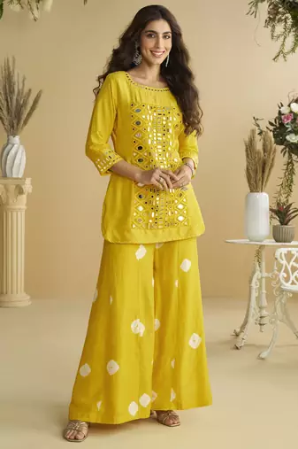 Yellow mirror work silk semi-stitch palazzo suit