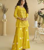 Yellow mirror work silk semi-stitch palazzo suit