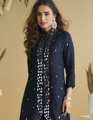 Dark blue mirror work silk semi-stitch palazzo suit 4