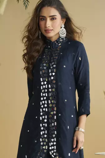 Dark blue mirror work silk semi-stitch palazzo suit