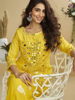 Yellow mirror work silk semi-stitch palazzo suit 2